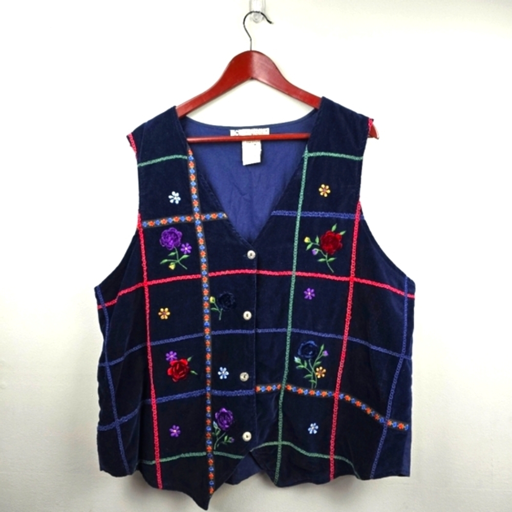 STUDIO COLLECTION Vintage Velvet Embroidered‎ Vest Floral Navy Womens Sz 20W